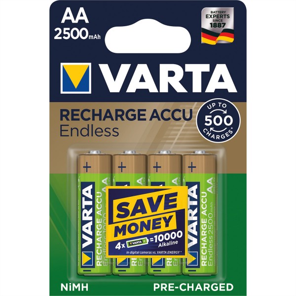 VARTA NiMH Akku Mignon, AA, HR06, 4er, 1,2V, 2500mAh, vorgeladen, sofort einsatzbereit
