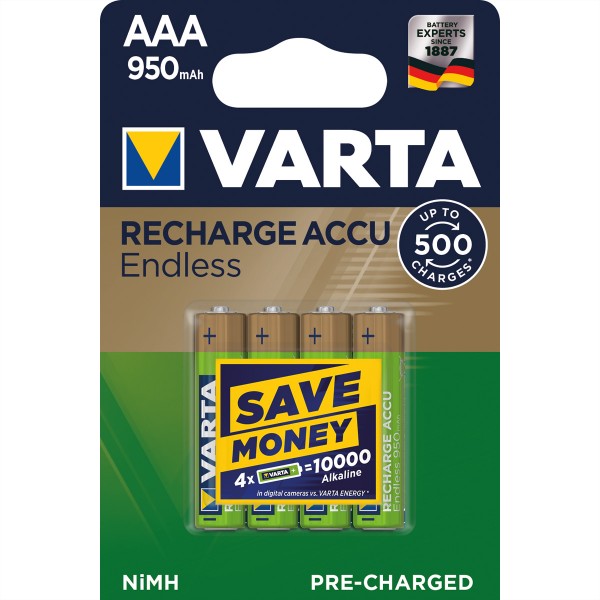 VARTA NiMH Akku Micro, AAA, HR03, 4er, 1,2V, 950mAh, vorgeladen, sofort einsatzbereit