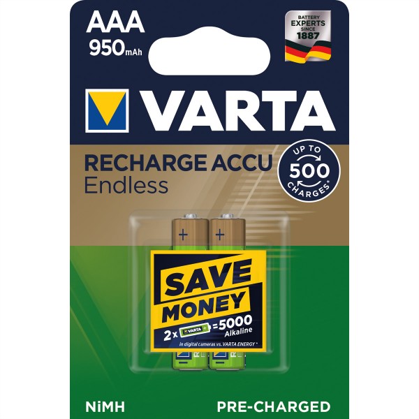 VARTA NiMH Akku Micro, AAA, HR03, 2er, 1,2V, 950mAh, vorgeladen, sofort einsatzbereit
