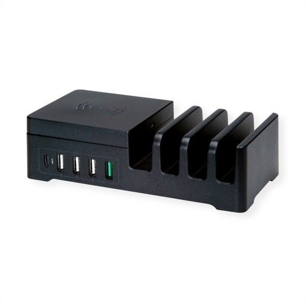 ROLINE USB Ladestation 5 Ports + Wireless Charging Pad für Mobilgeräte, 10W